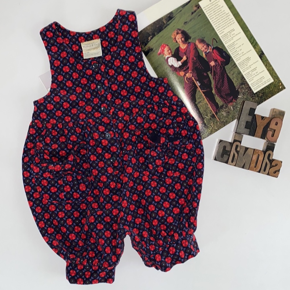 🇬🇧Vintage LAURA ASHLEY Child’s Bow Pocket Dungaree in Navy/Cherry Floral Print
